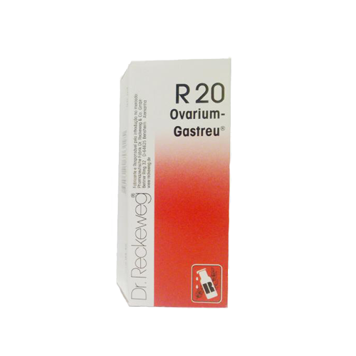 R-20 Gotas 50ml Dr. Reckeweg Embalagem de medicamento branco e vermelho com texto R 20 Ovarium-Gastreu.