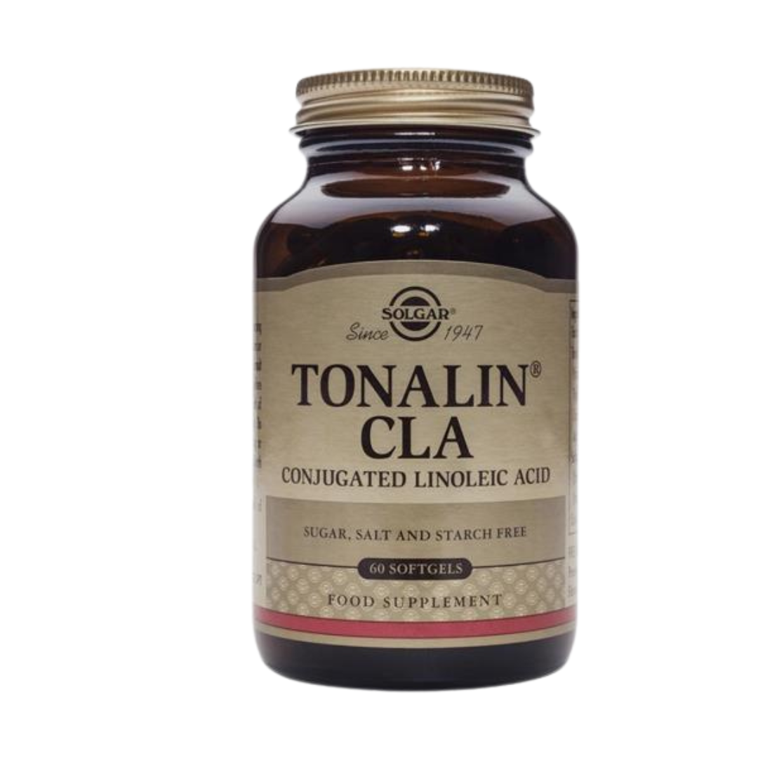 Tonalin CLA 60 softgels Frasco de suplemento alimentar Solgar Tonalin CLA com rótulo branco e bege
