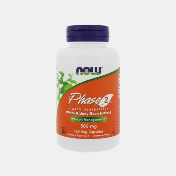 PHASE 2 500mg 120 CAPSULAS NOW Frasco branco de suplemento NOW Phase 2 com rótulo laranja e verde