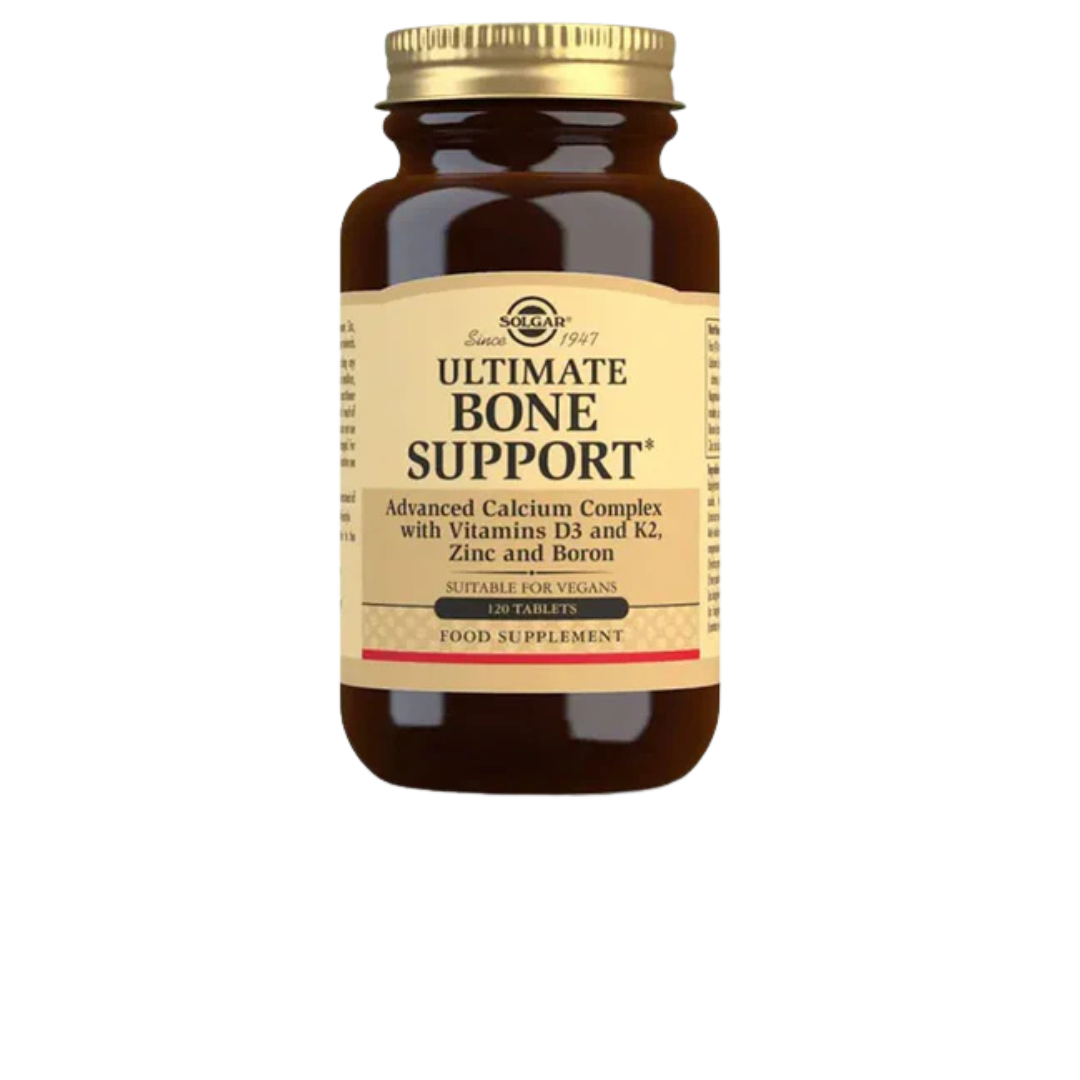 ULTIMATE BONE SUPPORT 120 COMPRIMIDOS SOLGAR Frasco castanho de suplemento alimentar Solgar Ultimate Bone Support com tampa dourada