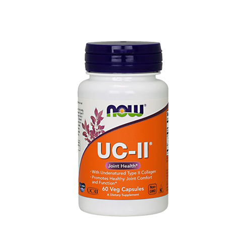 UC-II Collagen - 60 Cápsulas Vegetais Now Frasco branco com tampa azul escuro e rótulo laranja do suplemento UC-II para saúde das articulações