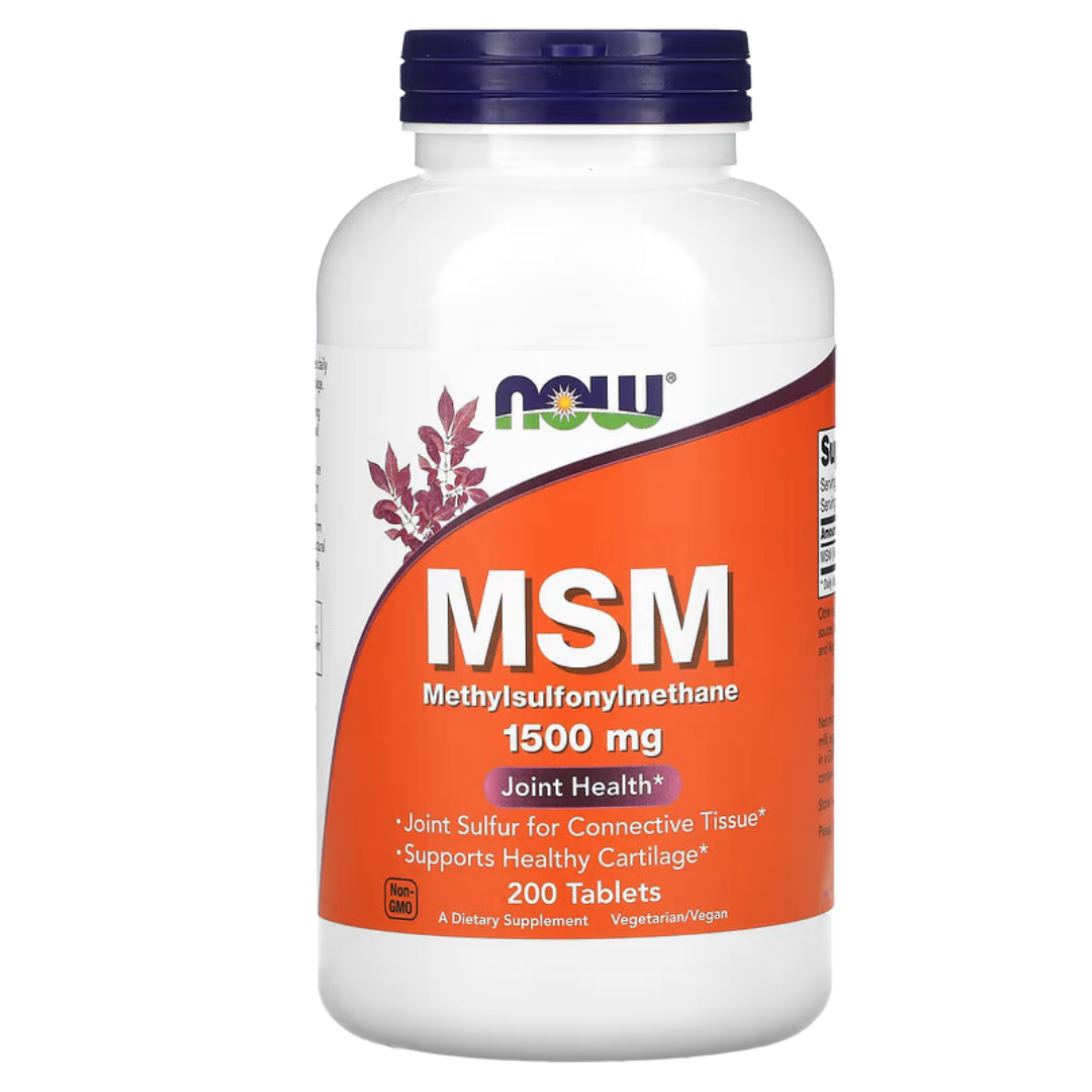MSM 1500mg 200 COMPRIMIDOS NOW Frasco de suplemento NOW MSM 1500 mg com etiqueta laranja e tampa azul