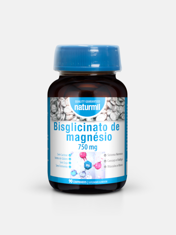Bisglicinato de Magnésio 750mg - 90 comprimidos frasco de suplemento de bisglicinato de magnésio 750 mg com tampa azul
