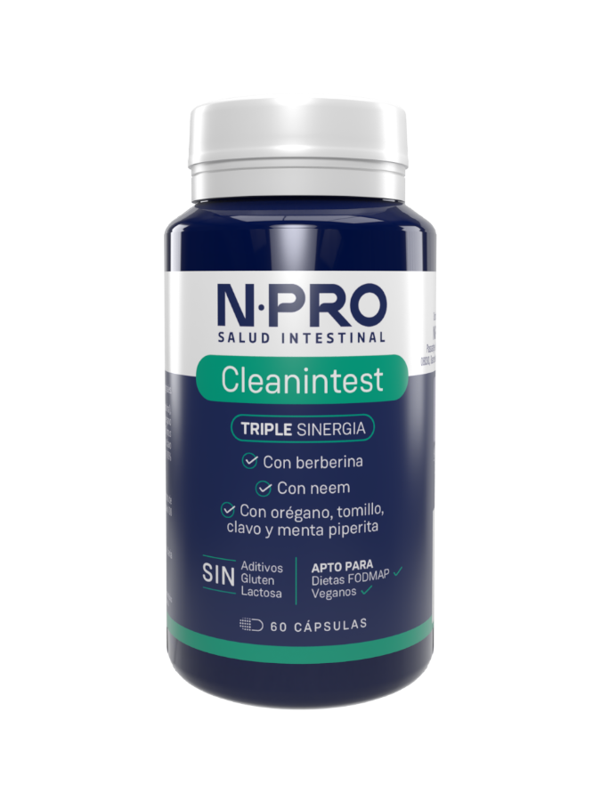 Cleanintest 60 capsulas N.PRO Frasco azul escuro com tampa branca de suplemento N·PRO Cleanintest
