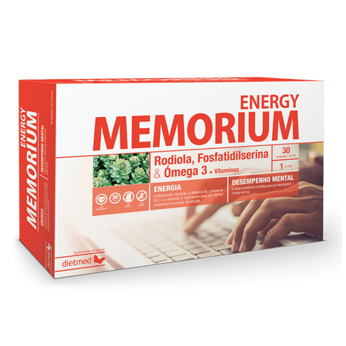 Memorium Energy - 30 Ampolas Dietmed Caixa do suplemento ENERGY MEMORIUM com texto e imagem de mãos a digitar no teclado.