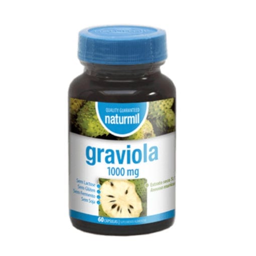 Graviola 1000mg - 60 capsulas Naturmil Frasco de suplemento graviola 1000 mg da Naturmil, tampa azul e rótulo branco com imagem da fruta