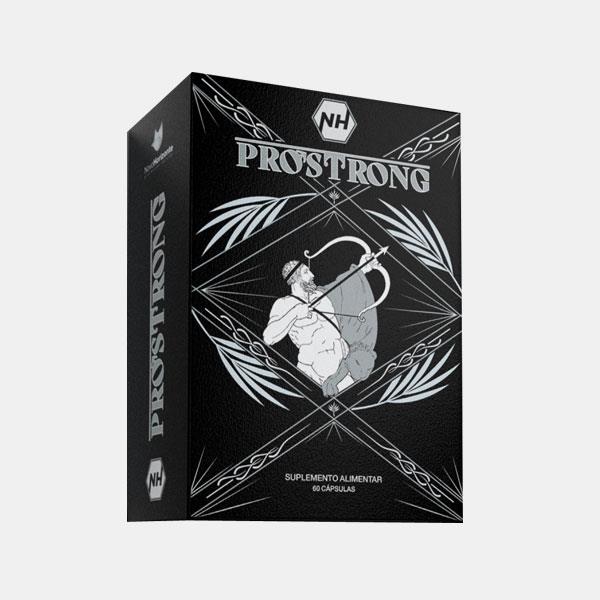 Prostrong 60caps NH Caixa preta do suplemento alimentar PROSTRONG com imagem de arqueiro e texto branco e prata.