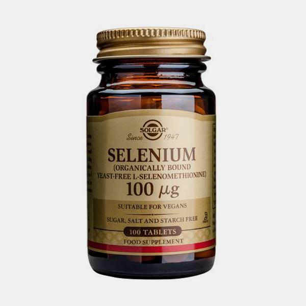 Selénio 100ug (Isento de Levedura) 100 Comprimidos Solgar Frasco de suplemento Solgar Selenium 100 µg com rótulo dourado e tampa dourada