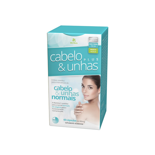 Cabelo e Unhas - 60 Cápsulas Bio-Hera Embalagem azul e branca de suplemento cabelo & unhas plus com imagem de mulher.