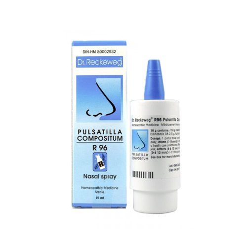 Pulsatilla Compositum Nebulizador Nazal - 15ml Dr. Reckeweg Frasco de spray nasal Pulsatilla Compositum R96 com embalagem azul e branca