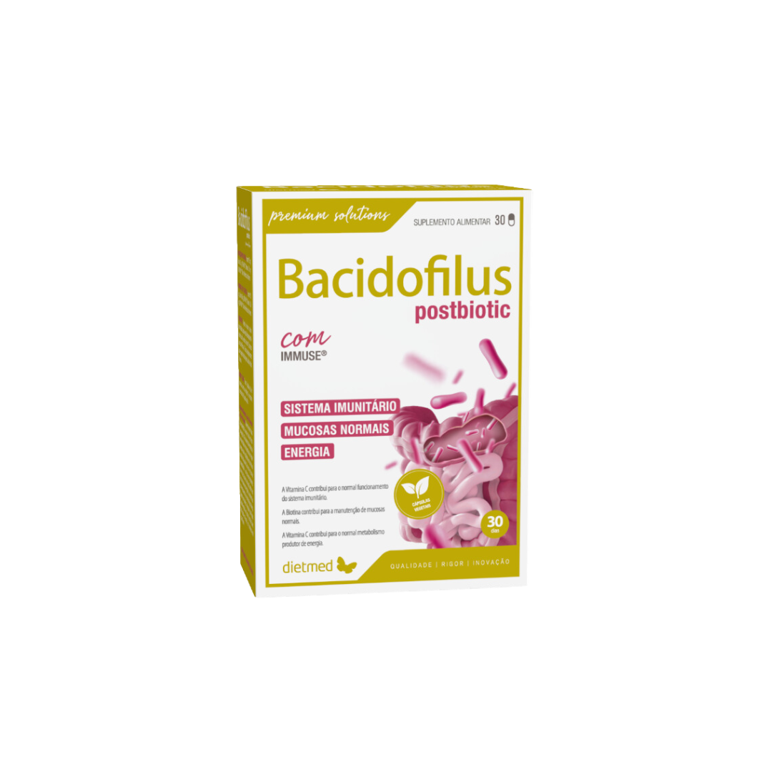 Bacidofilus Postbiotic 30 Capsulas Caixa de suplemento Bacidofilus postbiotic da Dietmed com cápsulas rosa e textos sobre sistema imunitário e energia