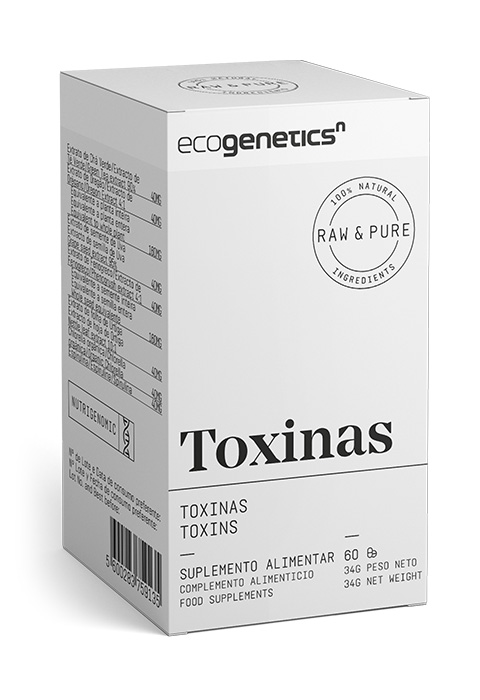 Ecogenetics Toxinas - 60 capsulas Embalagem branca de suplemento alimentar ecogenetics Toxinas com texto e selo de ingredientes naturais