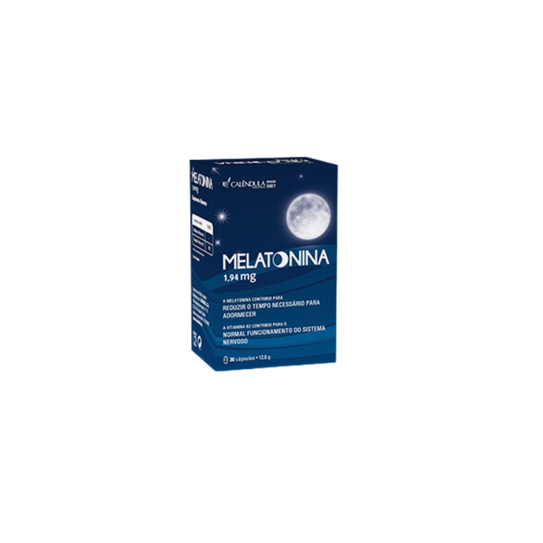 Melatonina - 30 Cápsulas Calendula Embalagem azul escura de suplemento Melatonina 1,94 mg com imagem de lua