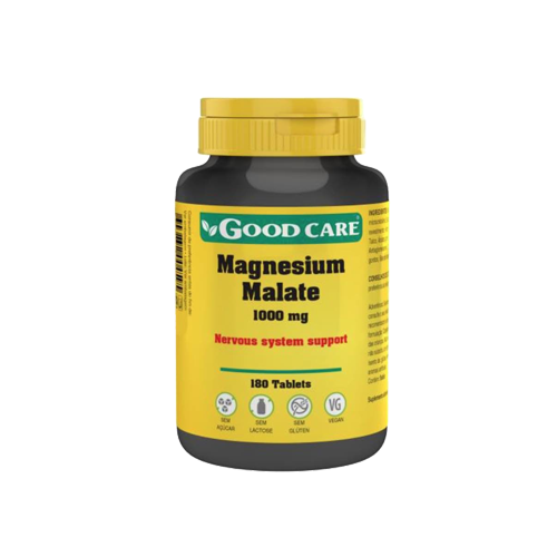 Magnesium Malate 1000mg - 180 Comprimidos Good Care Frasco de suplemento Magnesium Malate 1000 mg da marca GOOD CARE com 180 comprimidos