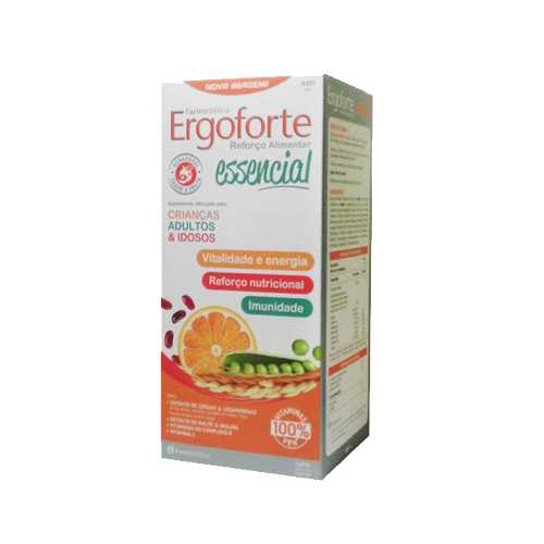 ErgoForte Essencial 480ml Farmodiética Caixa de suplemento alimentar Ergoforte Essencial com texto e ilustrações de frutas e leguminosas