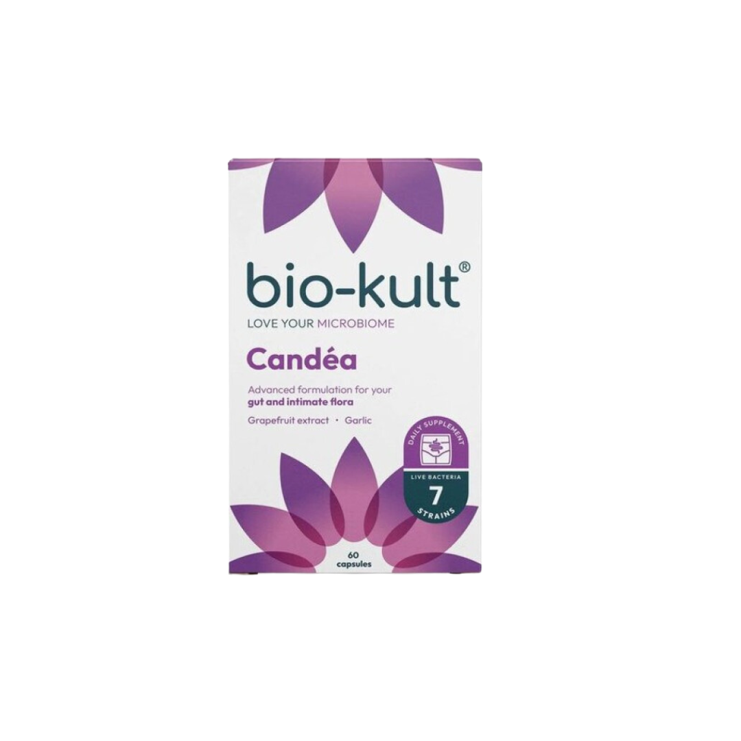 BIO KULT CANDEA 60 CÁPSULAS Embalagem do produto bio-kult Candéa com design branco e roxo