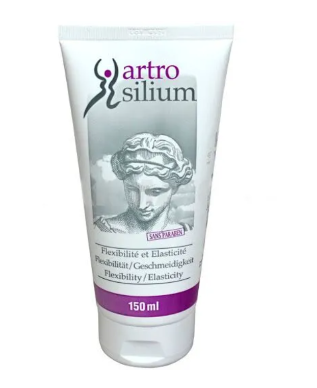 Artrosilium Gel - 150ml Tubo de creme branco com texto e imagem de escultura clássica