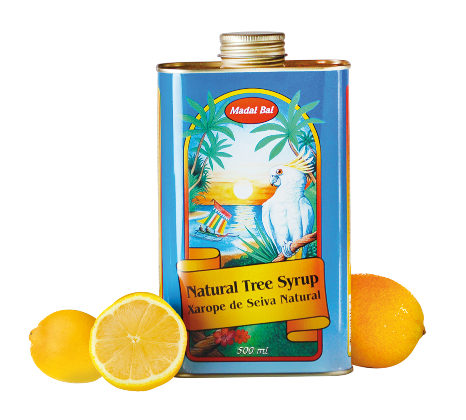 Xarope de Seiva Natural - 500ml Virya Lata azul com xarope natural, imagens tropicais e limões ao lado