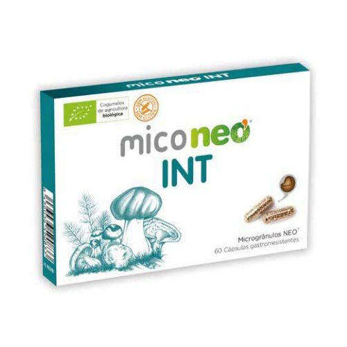 INT 60 Cápsulas Mico Neo Caixa de Mico Neo INT com ilustração de cogumelos e texto de informações do produto