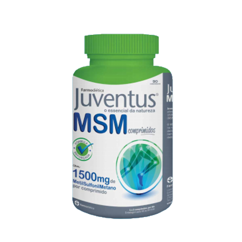 Juventus MSM MetilSulfonilMetano 1500mg - 90 Comprimidos Farmodiética Frasco verde de suplemento MSM comprimidos marca Juventus com rótulo branco