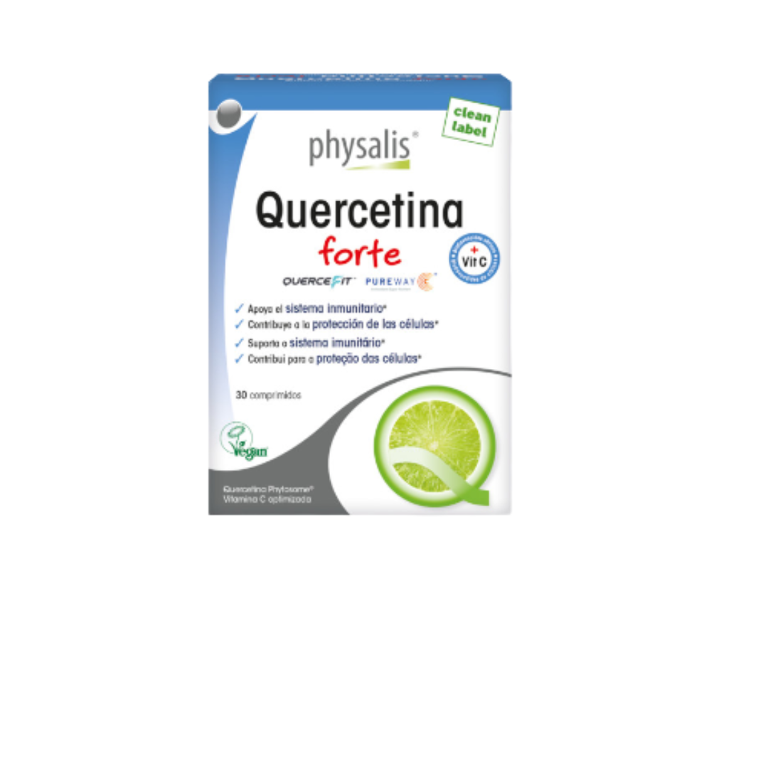 Quercetine forte – 30 comprimidos – Physalis Frente de embalagem branca e azul do suplemento Physalis Quercetina forte com imagem de lima verde