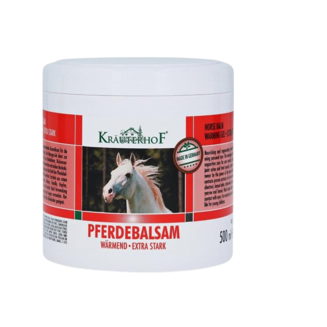 Balsamo do Cavalo Quente 500ml Frasco branco de creme PFERDEBALSAM com rótulo vermelho e branco e imagem de cavalo