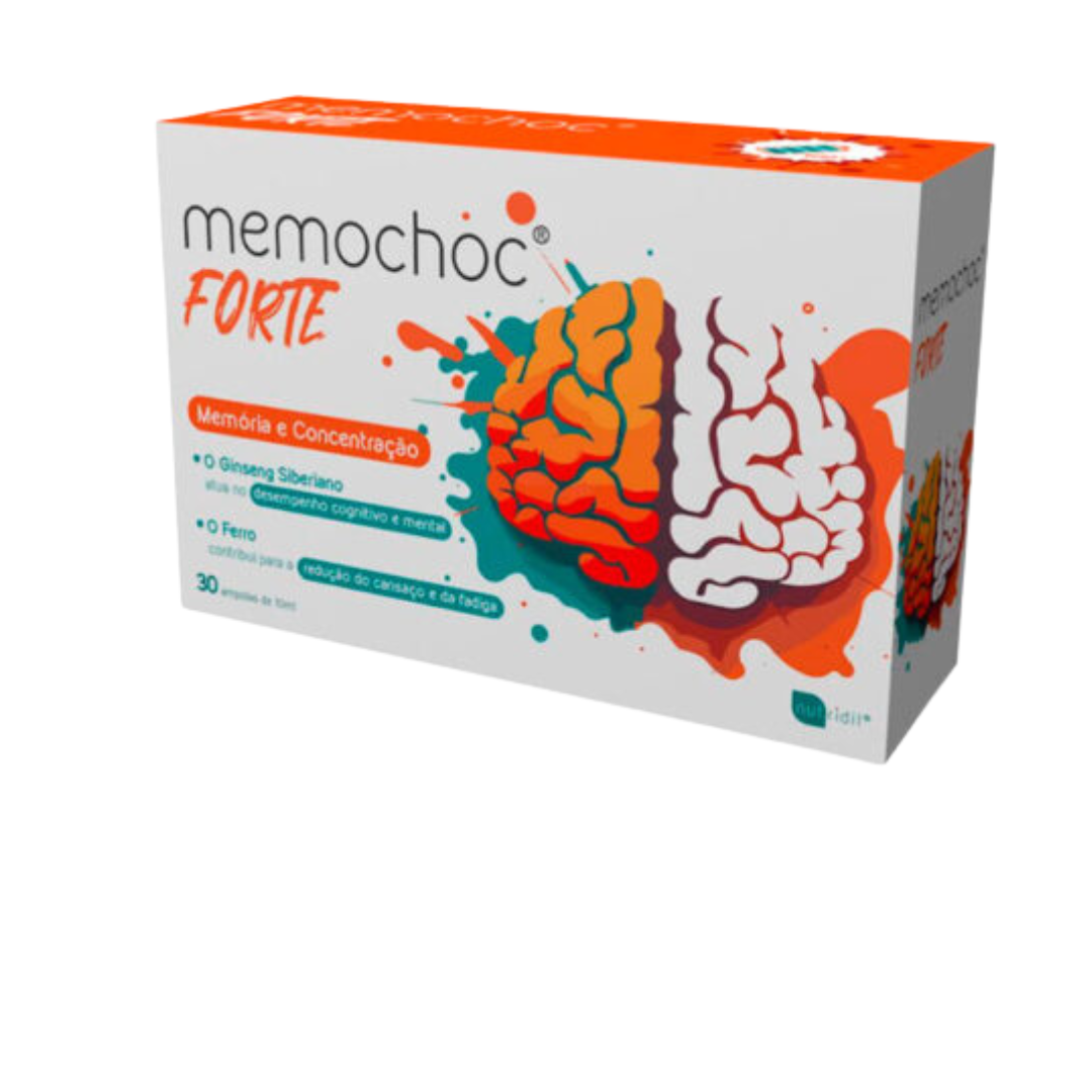 Memochoc Forte 30 Ampolas Nutridil Embalagem do suplemento memochoc FORTE com desenho de cérebro e texto de ingredientes
