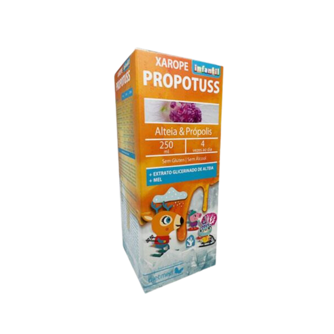 Propotuss Infantil 250ml Dietmed Embalagem de xarope infantil Propotuss em amarelo e branco com texto e personagens animados