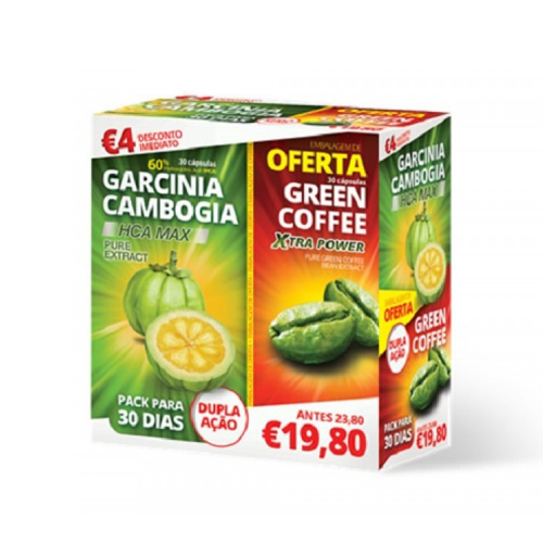 Pack Garcinia Cambogia + Oferta Green Coffee 30 + 30 Cápsulas Embalagem de suplemento Garcinia Cambogia e Green Coffee com texto promocional