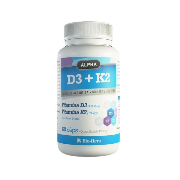 Vitamina D3 4000UI+K2 100UG - 60 cápsulas frasco branco de suplemento ALPHA D3 + K2 da Bio-Hera