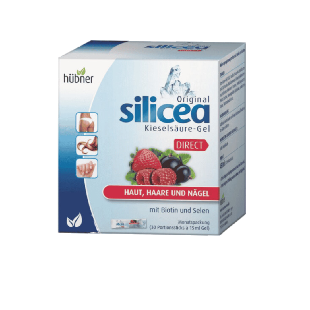 Silicea Direct 30 saq. de gel Hubner Caixa de gel Silicea da Hübner com texto em alemão e imagens de frutas vermelhas