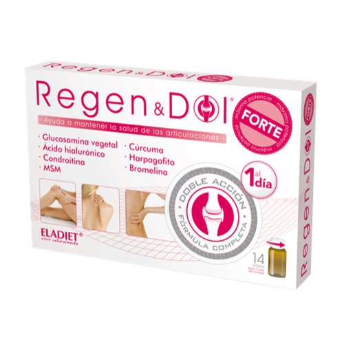 Regen & Dol Forte - 14 Ampolas Eladiet Embalagem de suplemento Regen&Dol para saúde das articulações com texto informativo e selo de ação dupla.