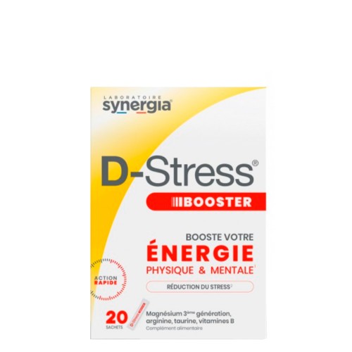 D-STRESS BOOSTER - 20sqt SYNERGIA Embalagem do suplemento Synergia D-Stress Booster para energia física e mental e redução do stress
