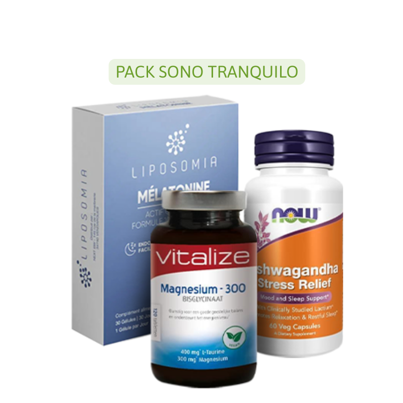 Pack Sono Tranquilo – Relaxamento, Adormecer Natural e Descanso Reparador Três frascos de suplementos alimentares: Melatonina, Magnésio-300 e Ashwagandha.