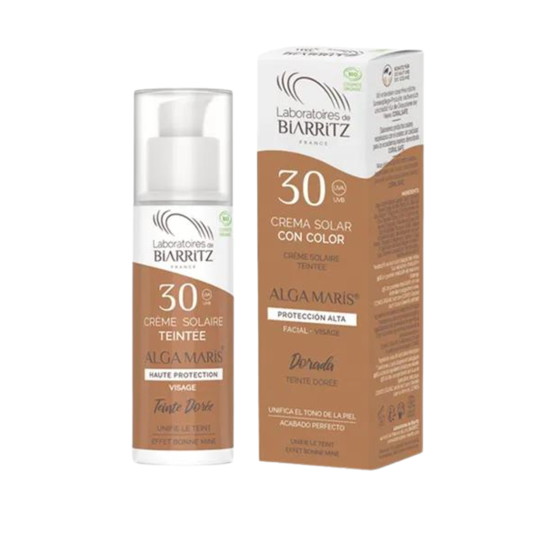 Creme Solar com Cor SPF30 -Alga Maris Tom Dourado 50ml Laboratorio Biarritz creme solar com cor SPF 30 Alga Maris embalagem branca e castanha