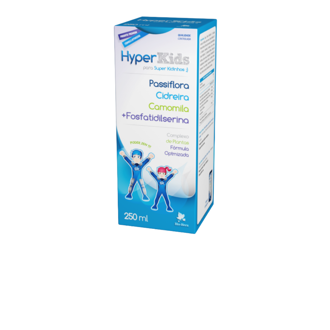 Hyper Kids Xarope – 250 mL – BioHera Embalagem de suplemento HyperKids azul e branco com texto e ilustração de crianças em fatos de super-herói.