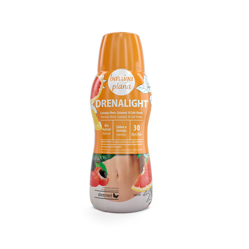 Drenalight Barriga Plana - 600ml Dietmed Frasco de suplemento líquido DRENALIGHT sabor laranja, guaraná e café verde com tampa laranja