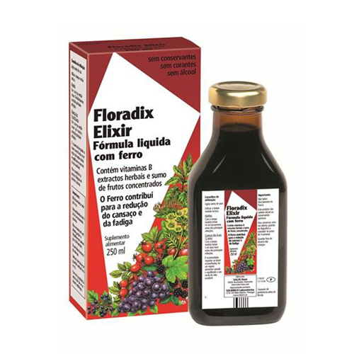 Floradix Elixir - 250ml Solmirco Frasco de Floradix Elixir e embalagem com texto e imagens de frutas