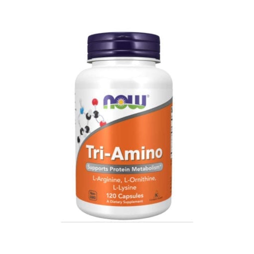 TRI-AMINO - 120vcaps NOW Frasco de suplemento NOW Tri-Amino com rótulo laranja e branco e tampa roxa
