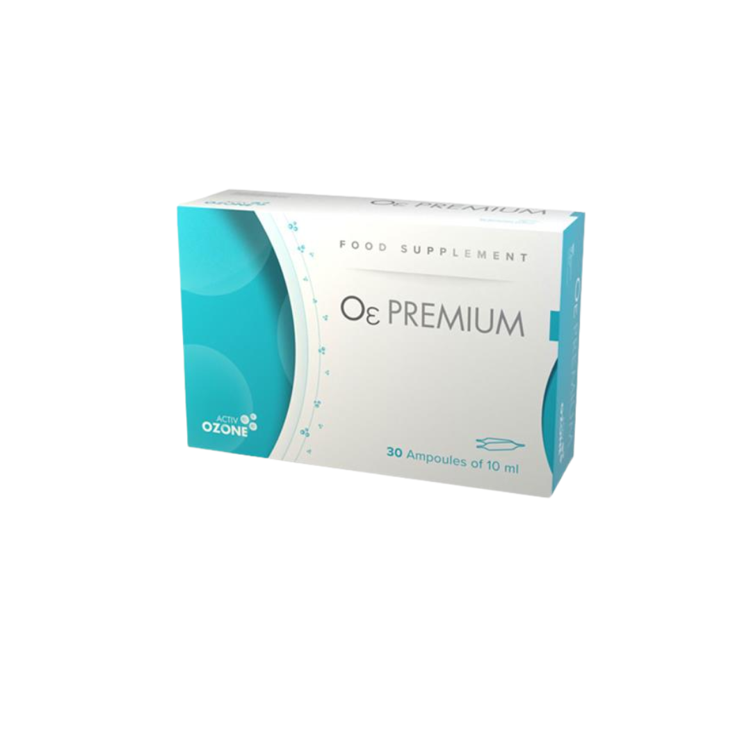 Activ Ozone - 30 Ampolas Embalagem de suplemento alimentar OE PREMIUM branco e azul com 30 ampolas