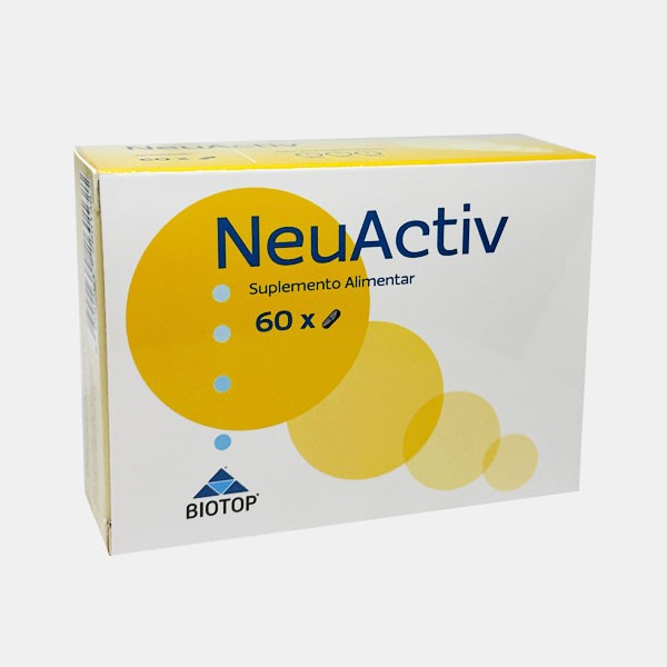 Neu Activ - 60 capsulas Embalagem branca e amarela do suplemento alimentar NeuActiv Biotop com 60 cápsulas