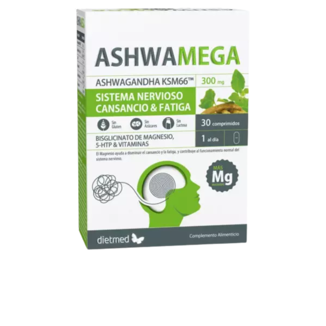 ASHWAMEGA 30COMP Embalagem de suplemento alimentar ASHWAMEGA Ashwagandha KSM66 300 mg para sistema nervoso, cansaço e fadiga