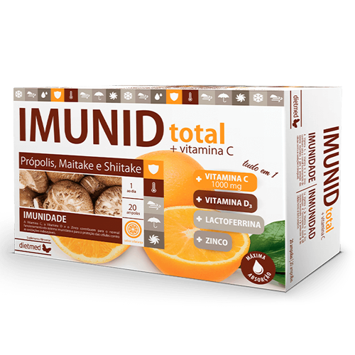 Imunid Total + Vitamina C - 20 Ampolas Dietmed Caixa de suplemento IMUNID total com laranja, cogumelos shiitake e texto nutricional