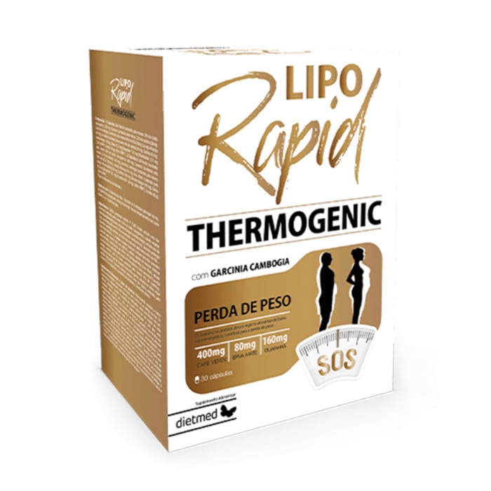 Lipo Rapid Thermogenic - 30 cps Dietmed Embalagem branca e castanha do suplemento Lipo Rapid Thermogenic com texto e silhuetas humanas.