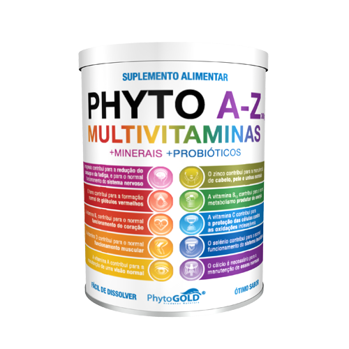 Phyto A-Z Multivitaminas - 300g PhytoGold Embalagem branca de suplemento alimentar PHYT0 A-Z multivitaminas com texto colorido e rótulo em português