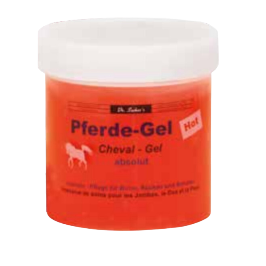 Pferde-gel Hot 250ml Dr.Sacher´s Frasco de gel vermelho com tampa branca e rótulo com texto Dr. Theiss's Pferde-Gel Hot