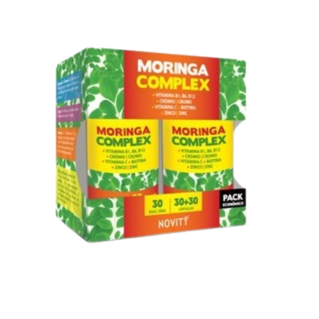 moringa pack economico caps novity Pacote do suplemento Moringa Complex com informações de vitaminas e quantidade em comprimidos.