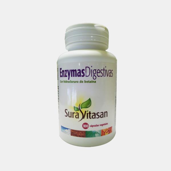ENZYMAS DIGESTIVAS 100CPS SURA VITASAN Frasco branco de suplemento alimentar Sura Vitasan com rótulo de Enzymas Digestivas