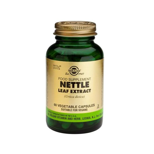 Extracto de Folha de Urtiga 60 Cápsulas Solgar Frasco verde escuro com tampa dourada de suplemento alimentar Solgar Nettle Leaf Extract.