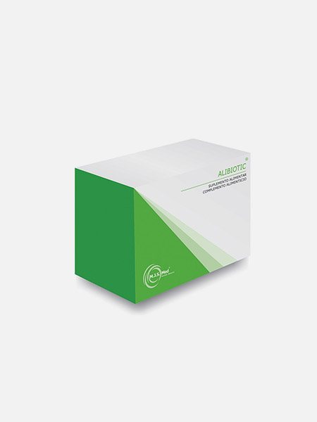 Alibiotic - 60 capsulas M.J.S. Med Embalagem branca e verde de suplemento alimentar Alibiotic